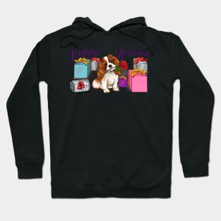 Happy birthday Cavoodle puppy dog with rose in its mouth surrounded by gifts ii. Cavapoo birthday Hoodie